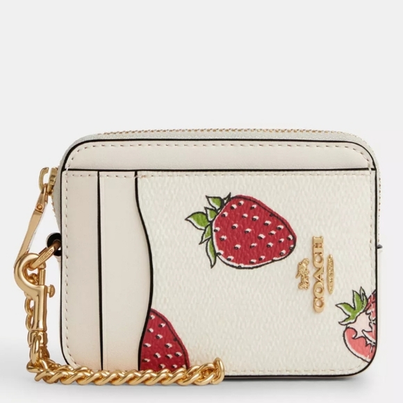 Zip Card Case With Strawberry Print (COLOR: Gold/Chalk Multi)